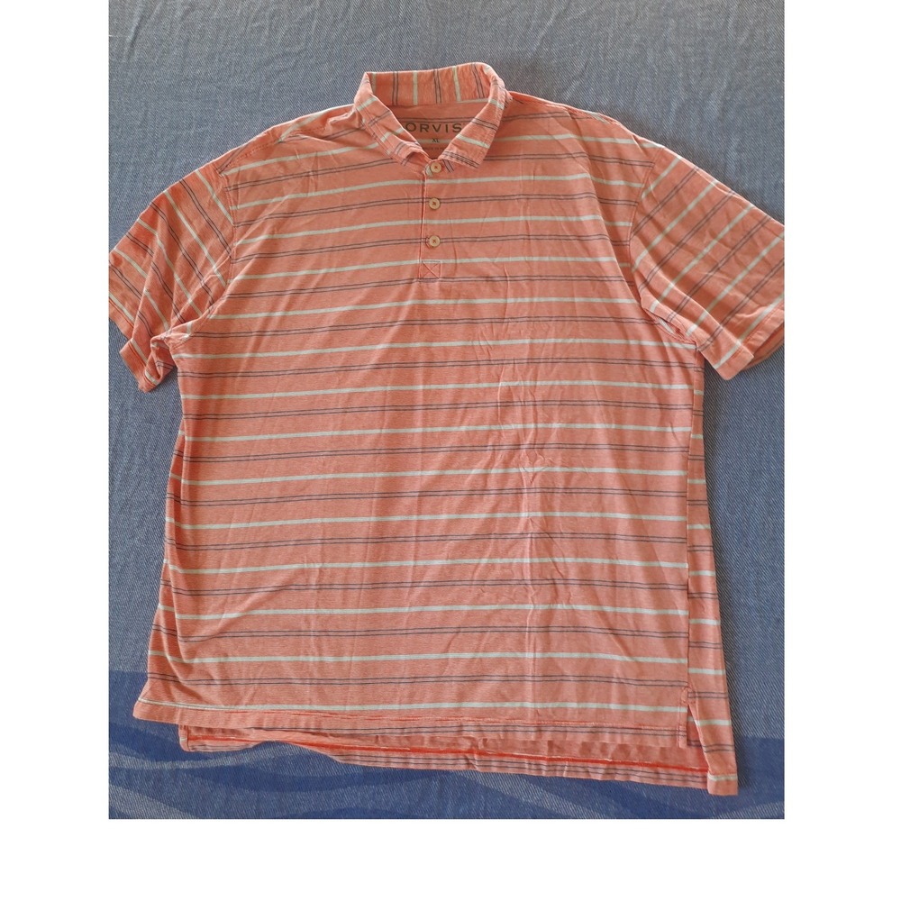 Orvis Mens XL Orange Blue Striped Active Short Sleeve Polo Shirt Made in Peru